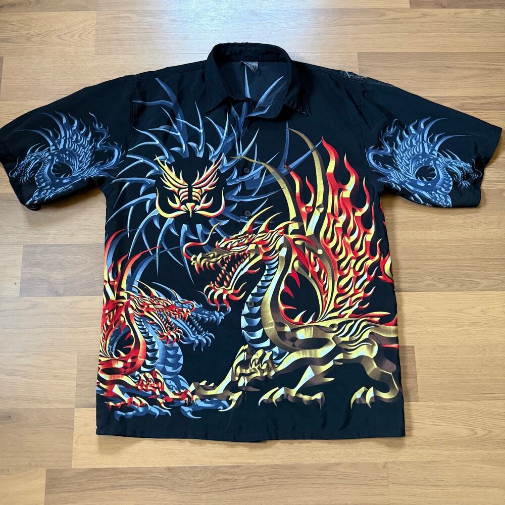 Men's Vintage Y2k Black Dragon Mega Print Button Up Short Sleeve Shirt Sz Medium